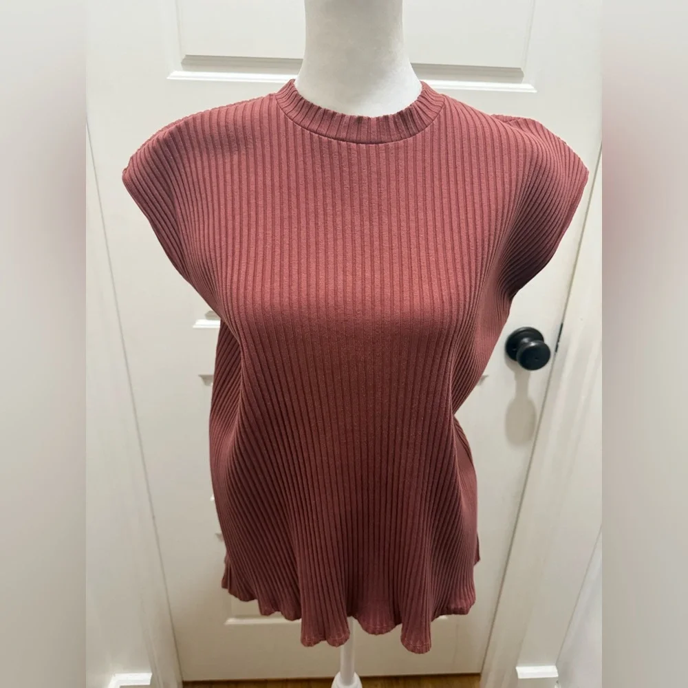 Eileen Fisher. Textured Stretch Rib Round Neck Top. Deep Terra Cotta. Large. - Picture 3 of 9